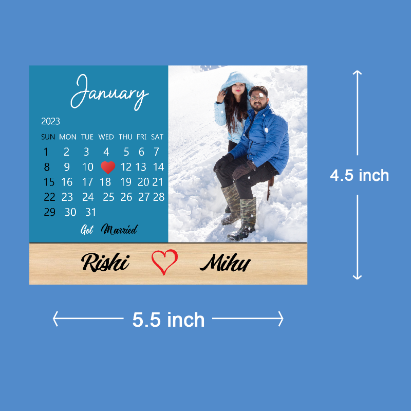 Calendar card with a couple in the snow, dimensions, and names on a blue background