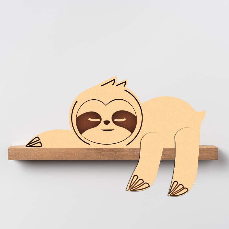 A wooden sloth figurine resting on a flat surface with a plain background.