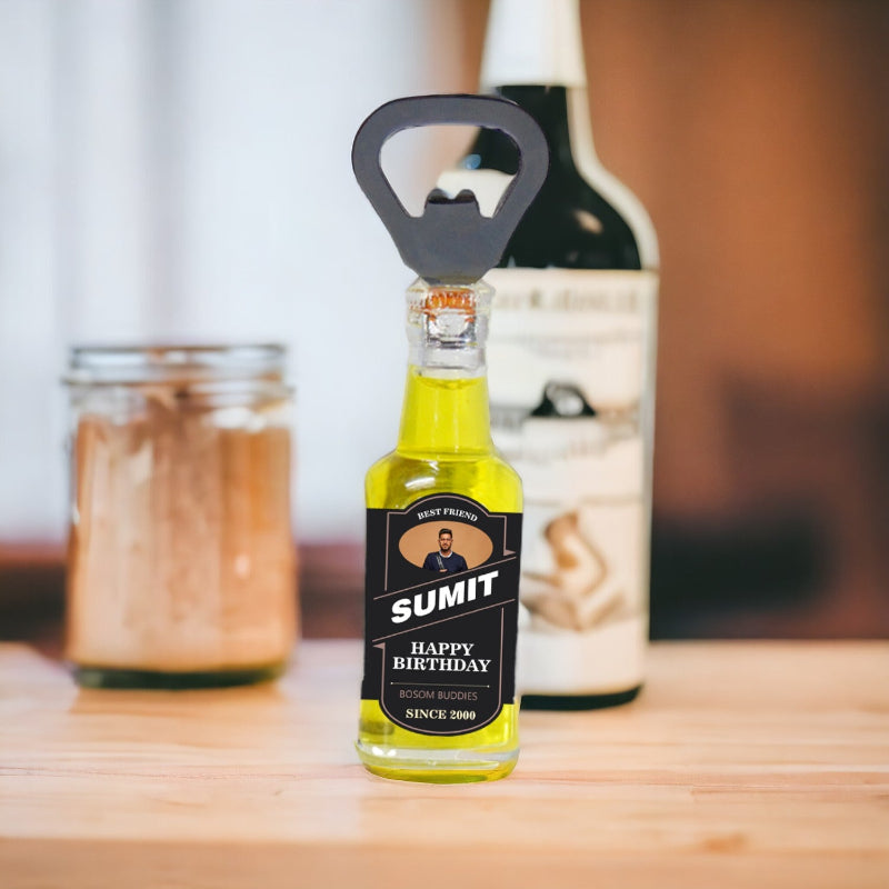 Bottle of Sumit Happy Birthday with a bottle opener on a wooden surface