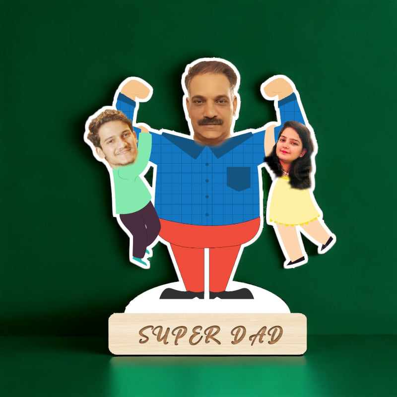 Figurine of a man with two children on either side, labeled 'Super Dad' on a green background