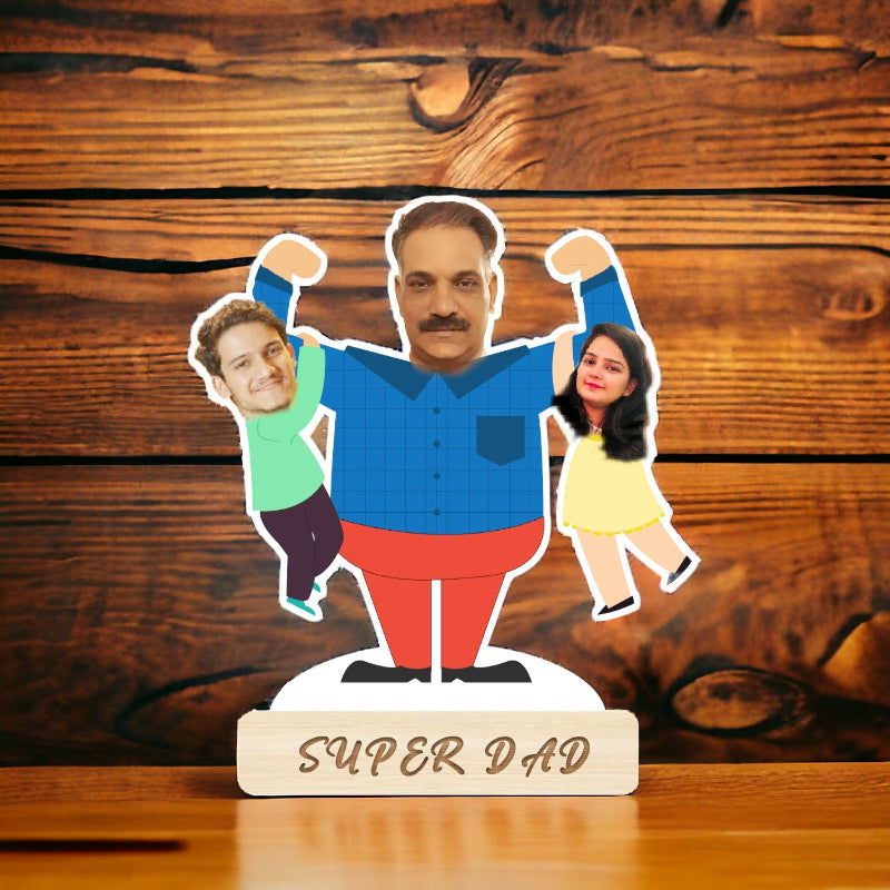 Personalized 'Super Dad' paper cutout with two children on a wooden background