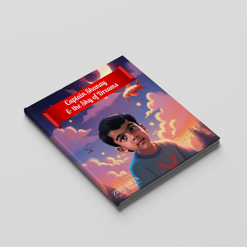 Book cover with a child and airplane illustration on a blue background