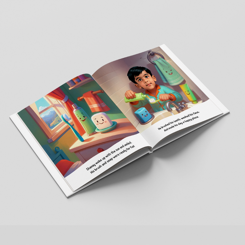 Open book showing a colorful illustration of a child playing with toys on a gray background