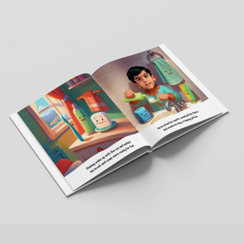 Open book showing a colorful illustration of a child playing with toys on a gray background