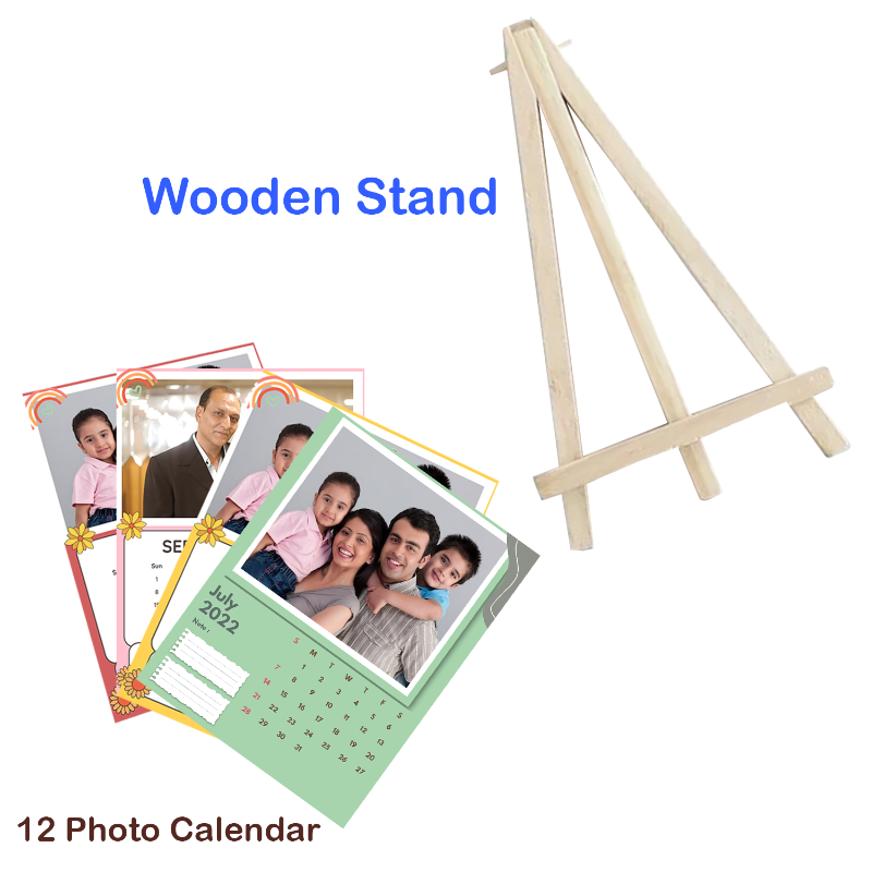 Wooden stand with a 12 photo calendar featuring family photos on a white background.