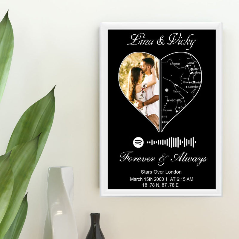 A personalized star map frame with white border featuring a heart shape with a photo and text inside, displayed on a wall.
