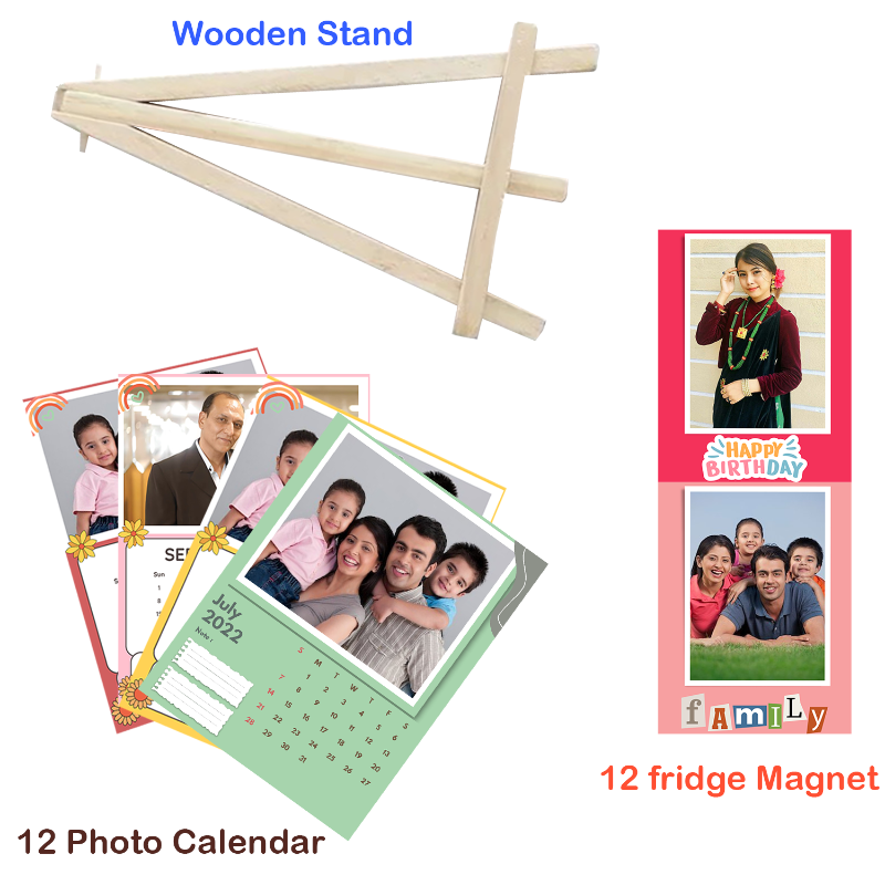 Set of photo calendar, wooden stand, and fridge magnets with family photos on a white background.