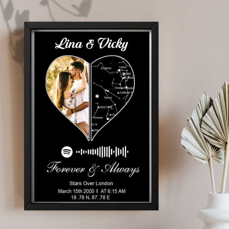 A personalized star map frame with a black border featuring a heart shape with constellations inside, along with text personalization including names and a Spotify song link.