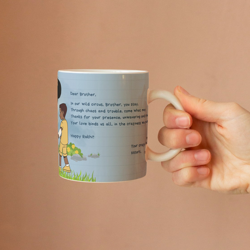Person holding a mug with a personalized message on a beige background