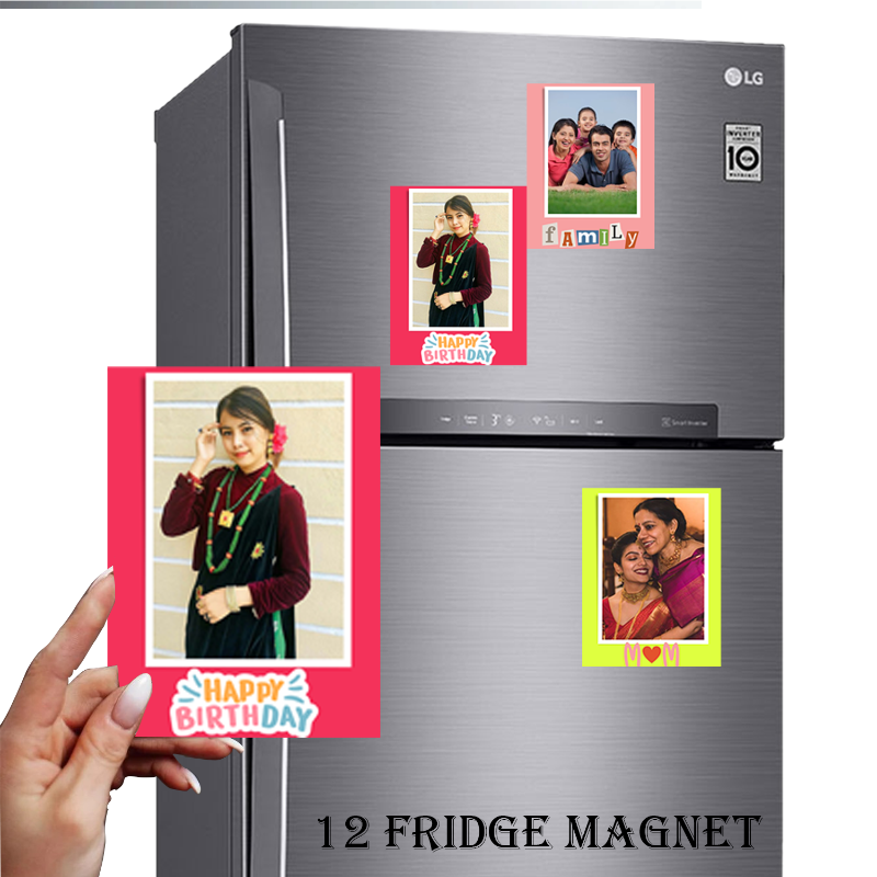 LG refrigerator with family photos and 'Happy Birthday' magnets on a white background