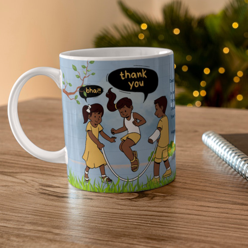 Mug with children playing jump rope illustration on a wooden surface