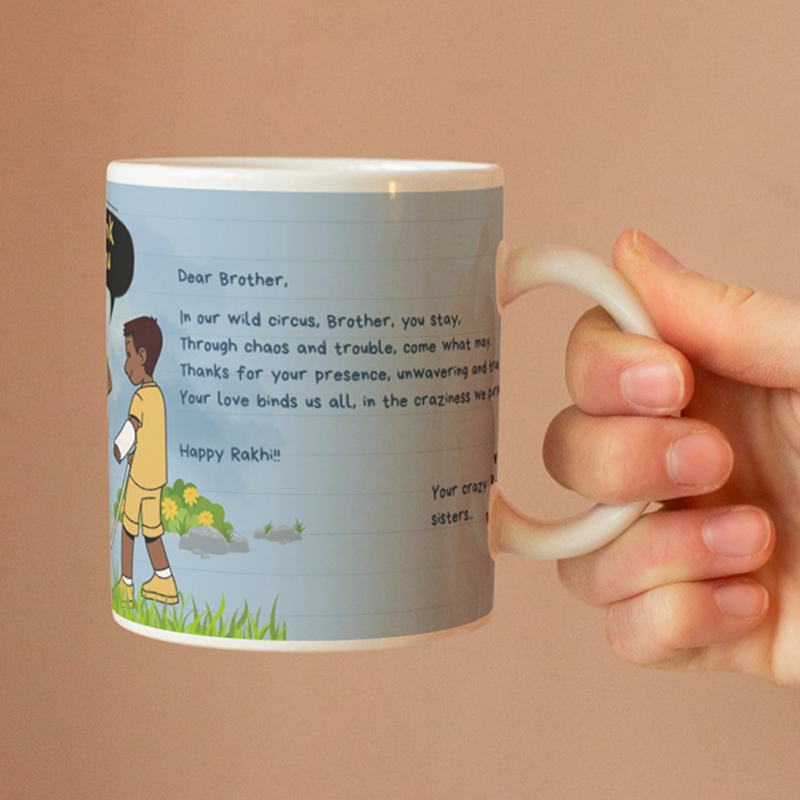 Mug with a design and text held by a hand against a beige background