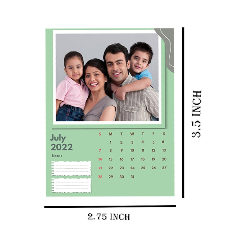 Calendar with a family photo and dimensions labeled on a white background