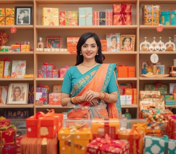 Sandhya Chaudhary, in a colorful saree, is standing in a zingy gift shop with shelves filled with various products.