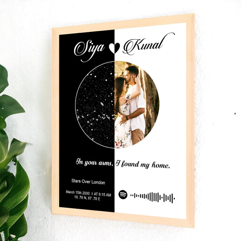 Personalized poster with a couple's photo and text on a white wall.