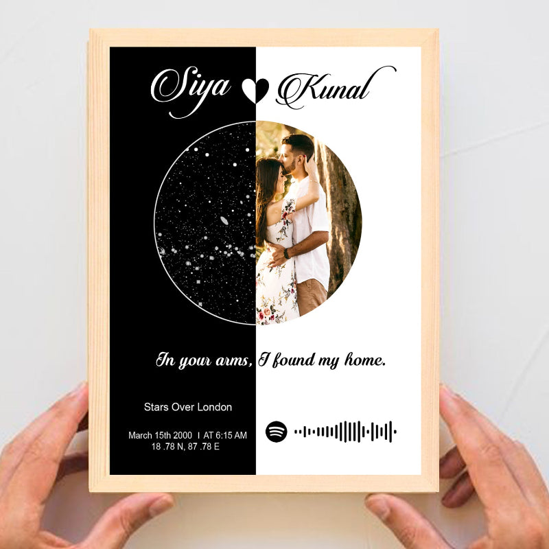 Framed photo of a couple with personalized text and music details