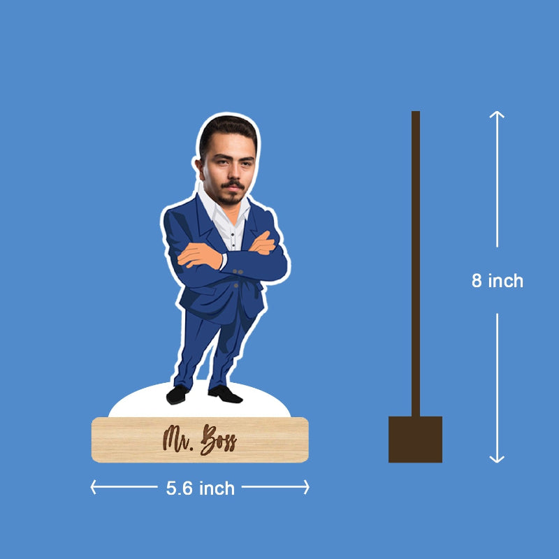 Figurine of a man in a suit with 'Mr. Boss' base, shown with dimensions on a blue background