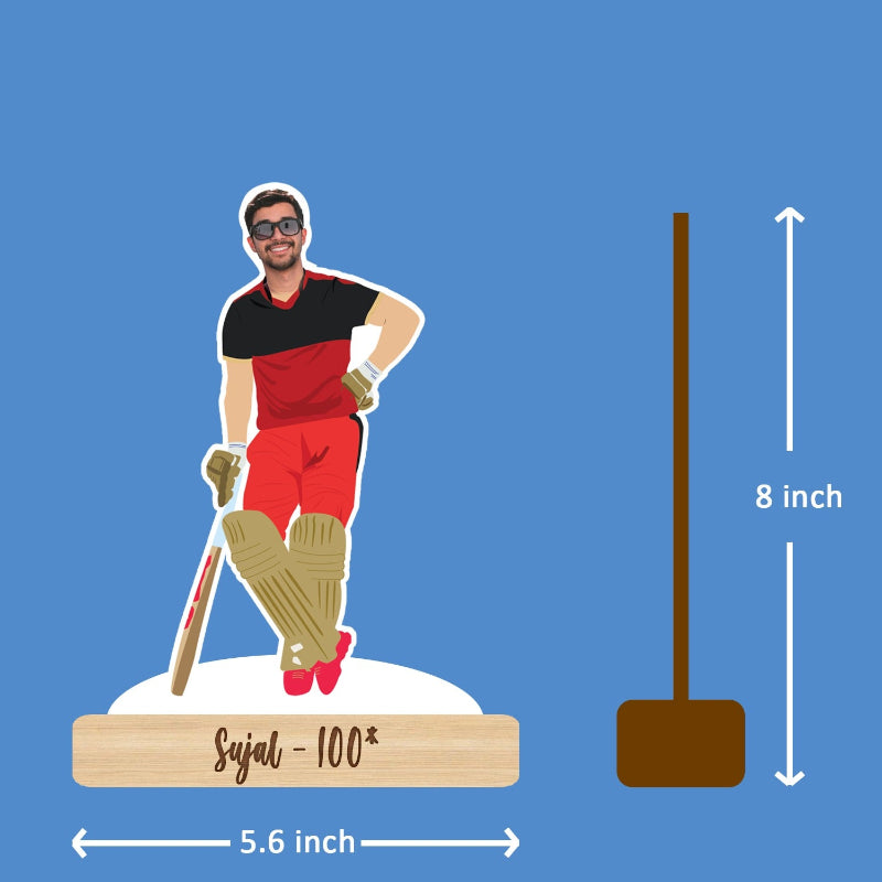 Illustration of a cricket player with measurements on a blue background