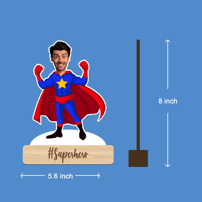 Superhero caricature with measurements on a blue background
