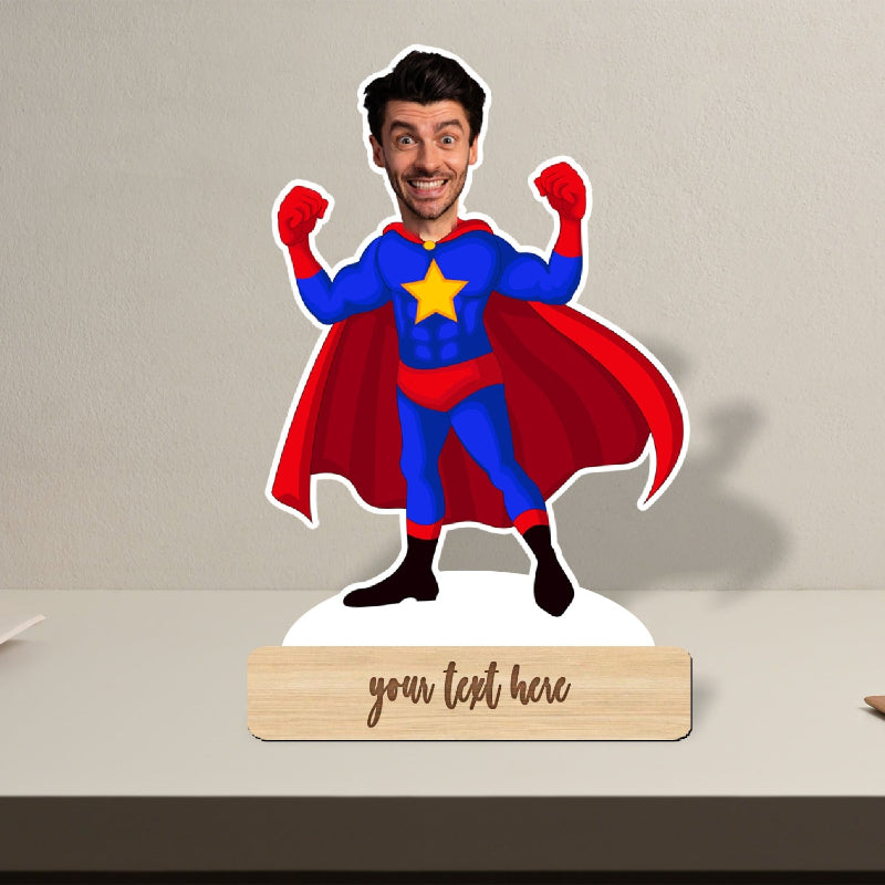 Superhero caricature with a wooden stand and 'your text here' label on a neutral background