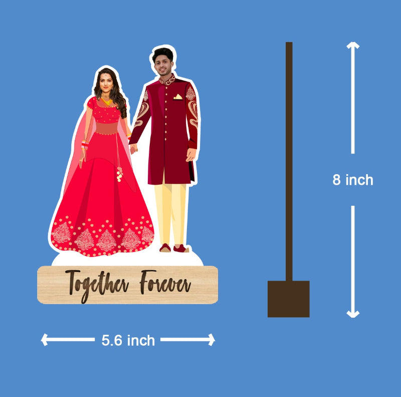 Caricature of a couple in traditional attire with 'Together Forever' base, shown with measurements on a blue background.