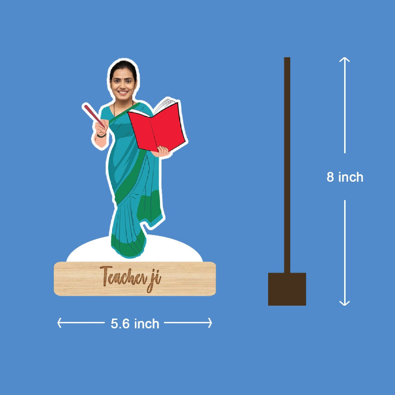 Figurine of a teacher holding a book and pen, with dimensions labeled on a blue background.