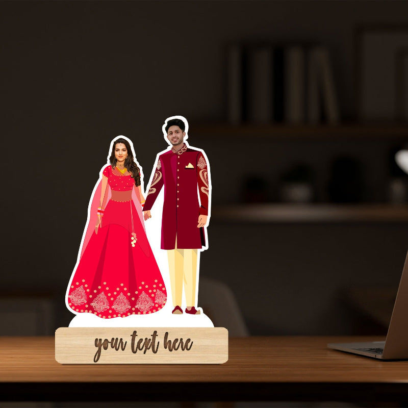 Customizable couple caricature on a wooden base with text area, blurred background