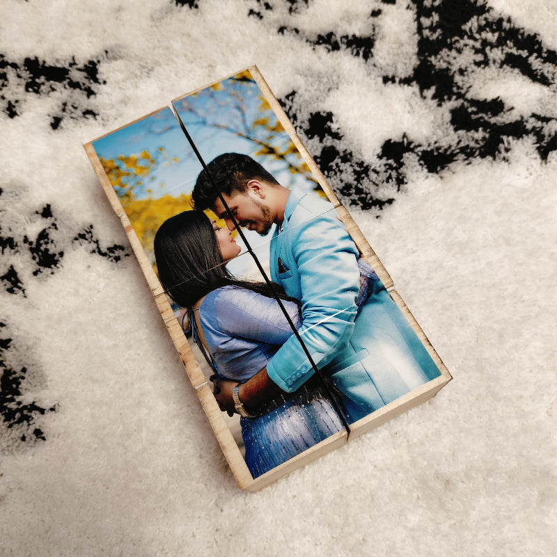 Wooden photo plaque with a couple on a snowy background