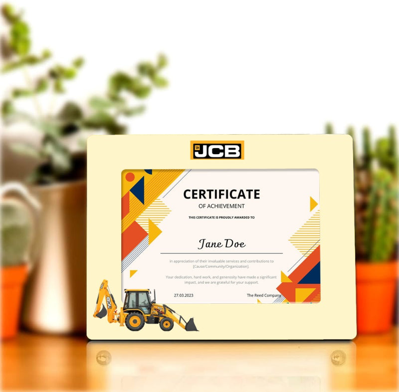 JCB certificate of achievement with geometric design on a blurred indoor background