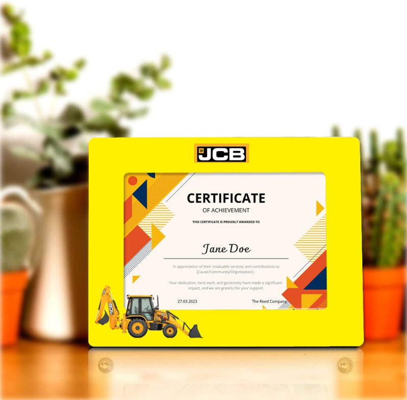 A personalized achievement recognition certificate with a yellow background, featuring a picture of a construction vehicle and a customized message for Jane Doe.
