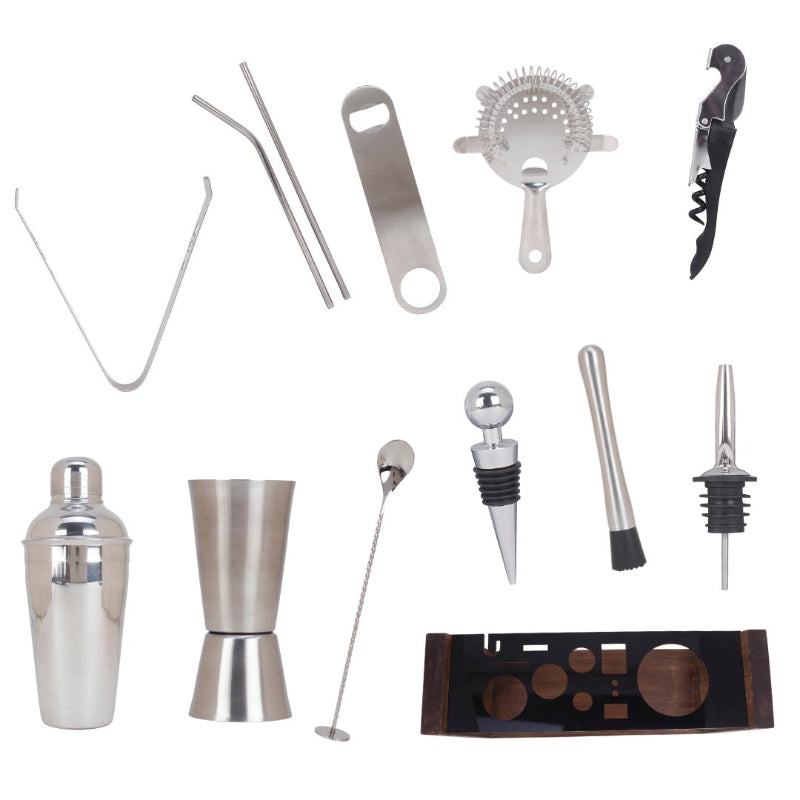 Collection of bar tools including a cocktail shaker, jigger, strainer, and other accessories on a white background.