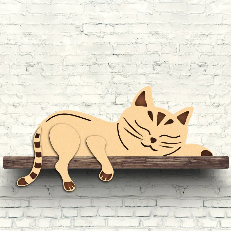 Wooden cat-shaped shelf against a white brick wall