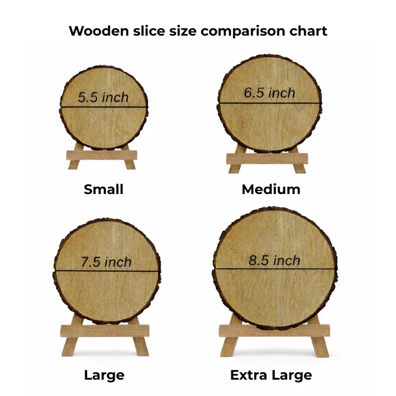 Comparison chart of wooden slices in small, medium, large, and extra large sizes with measurements.