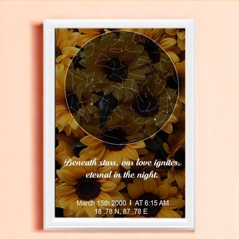 Framed artwork with sunflowers and a quote on a peach background