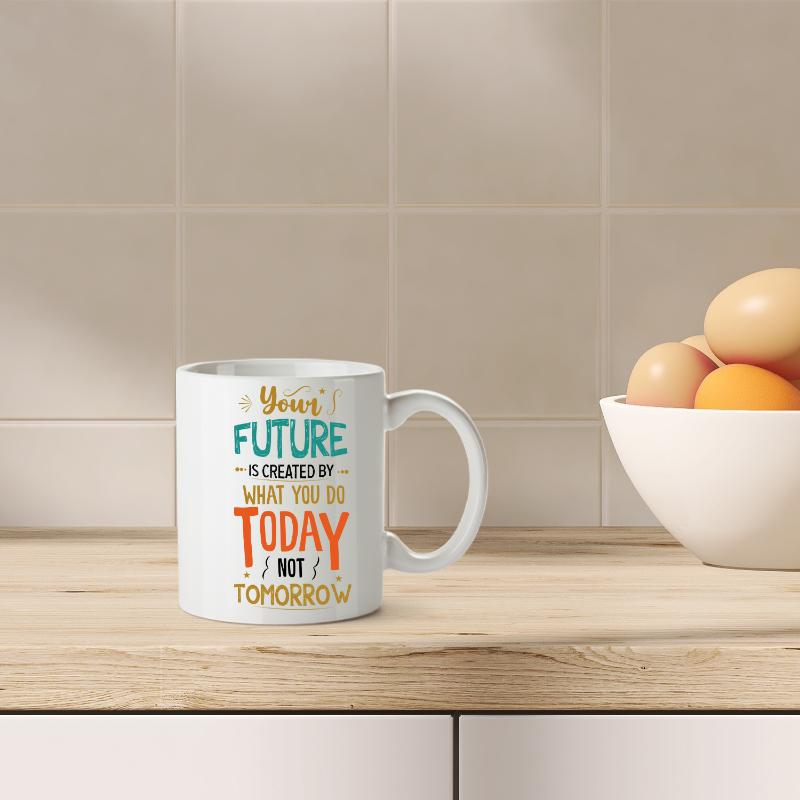Mug with motivational quote on a kitchen counter with eggs in the background