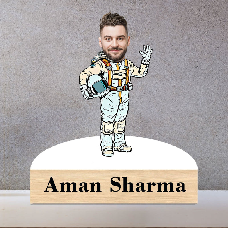 Illustration of a person in an astronaut suit with a nameplate below on a gray background