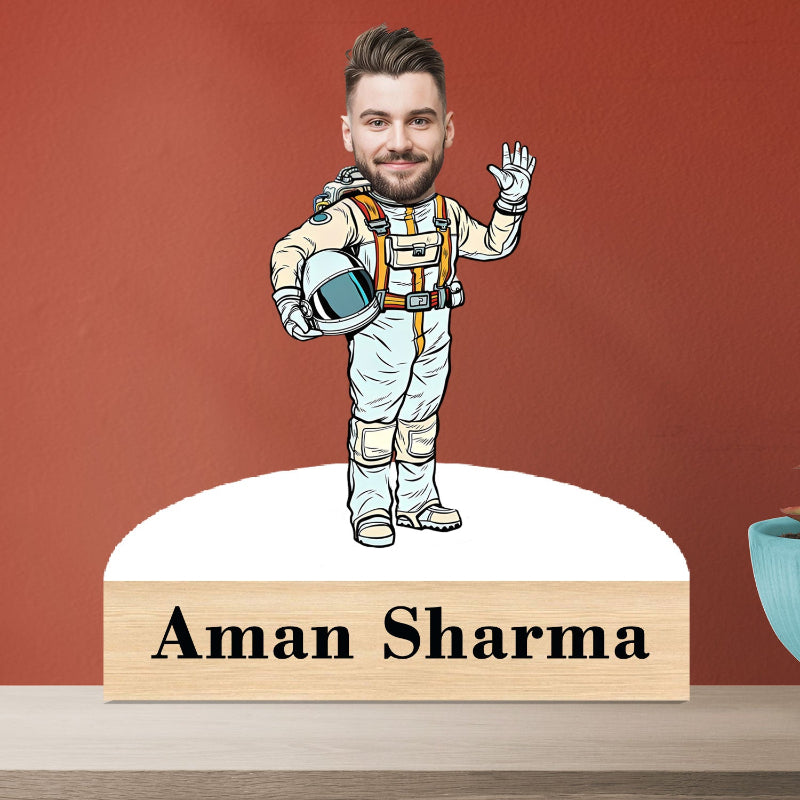 Illustration of a person in an astronaut suit with a nameplate on a red background