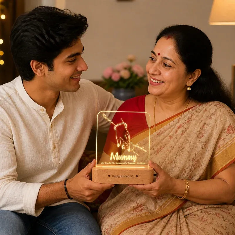 Man and woman holding a decorative plaque together in a warm indoor setting.