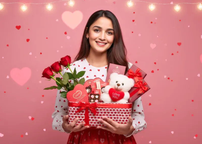 alia smiling while holding a Valentine’s Day gift basket with red roses, chocolates, and a teddy bear, surrounded by heart decorations on a pink background.