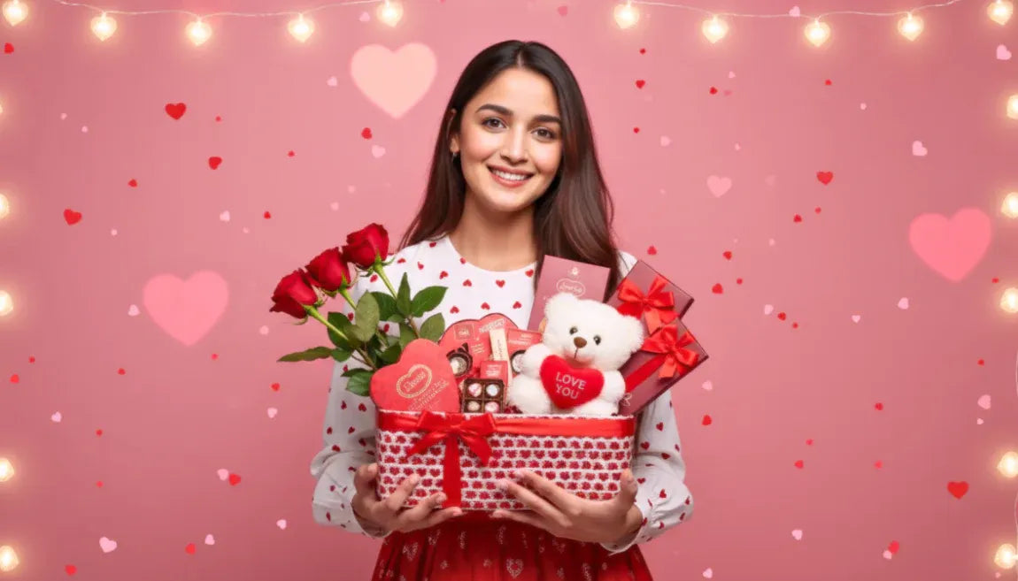 alia smiling while holding a Valentine’s Day gift basket with red roses, chocolates, and a teddy bear, surrounded by heart decorations on a pink background.