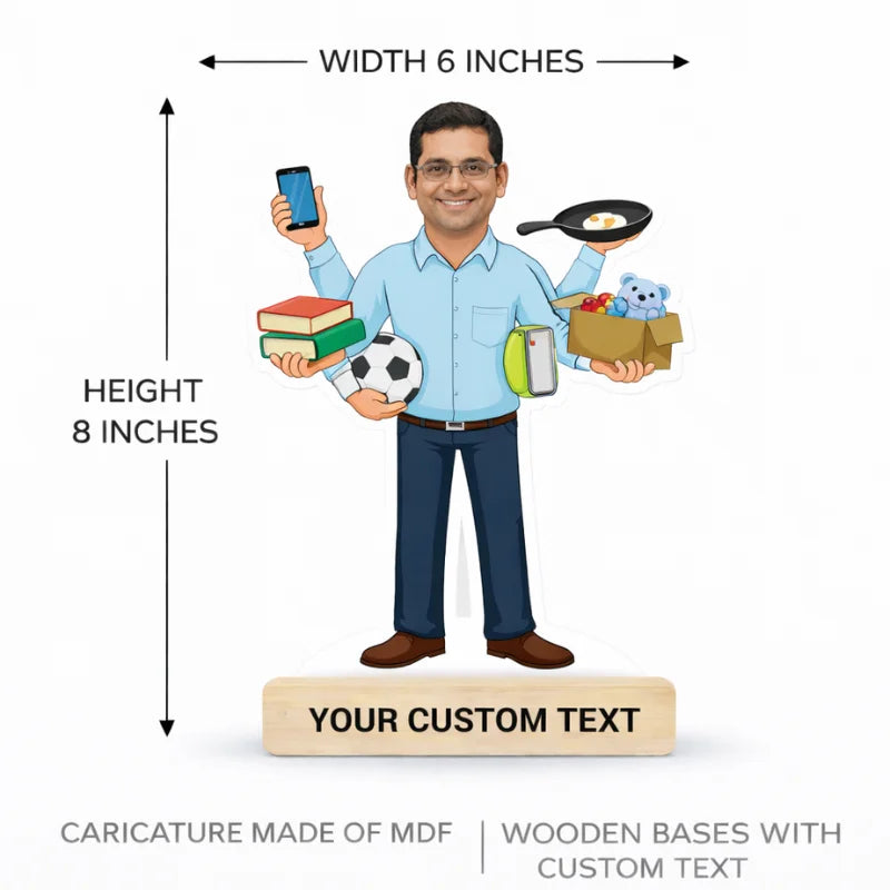All rounder dad caricature MDF standee showing 6 inches width and 8 inches height with wooden base and custom text
