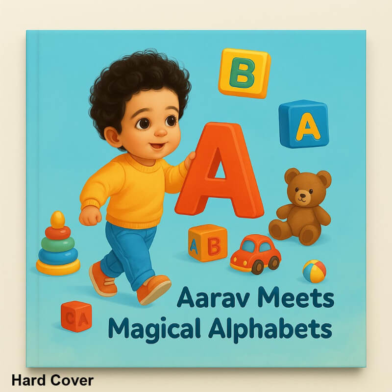 personalized story book cover with a child holding an 'A' letter, surrounded by toys and alphabet blocks on a blue background.