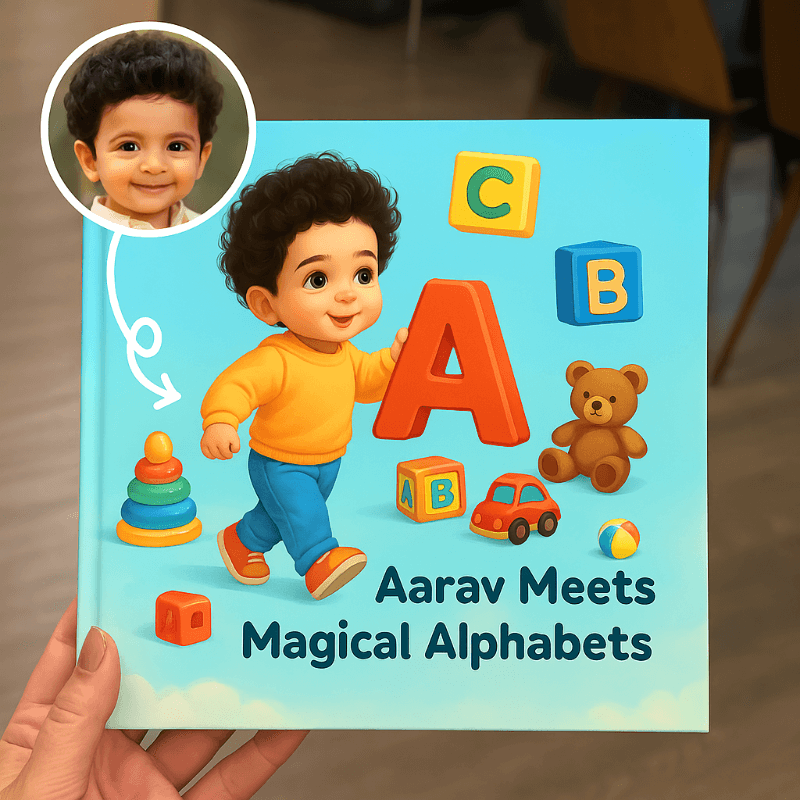 Children's book titled 'Aarav Meets Magical Alphabets' with a child playing with letters on the cover.