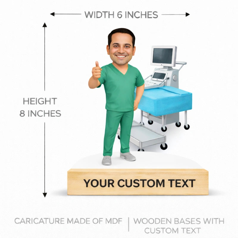 6 x 8 inch custom MDF anesthesiologist doctor caricature with wooden base and custom text – size and dimension reference for personalized doctor caricature gift.