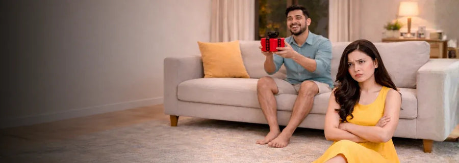 Man offering a small red annoying gift box while smiling on a sofa, woman sitting on the floor with arms crossed looking upset in a living room setting