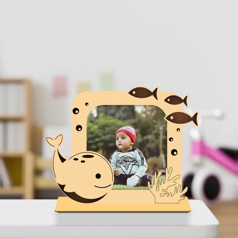 Personalised baby picture frame with cute wooden dolphin and fish ocean design. Custom baby photo frame gift for nursery baby shower and birthday.