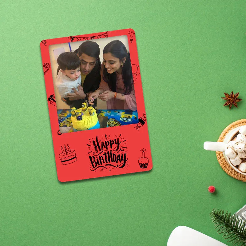 Red birthday fridge magnet with a family photo on a green background