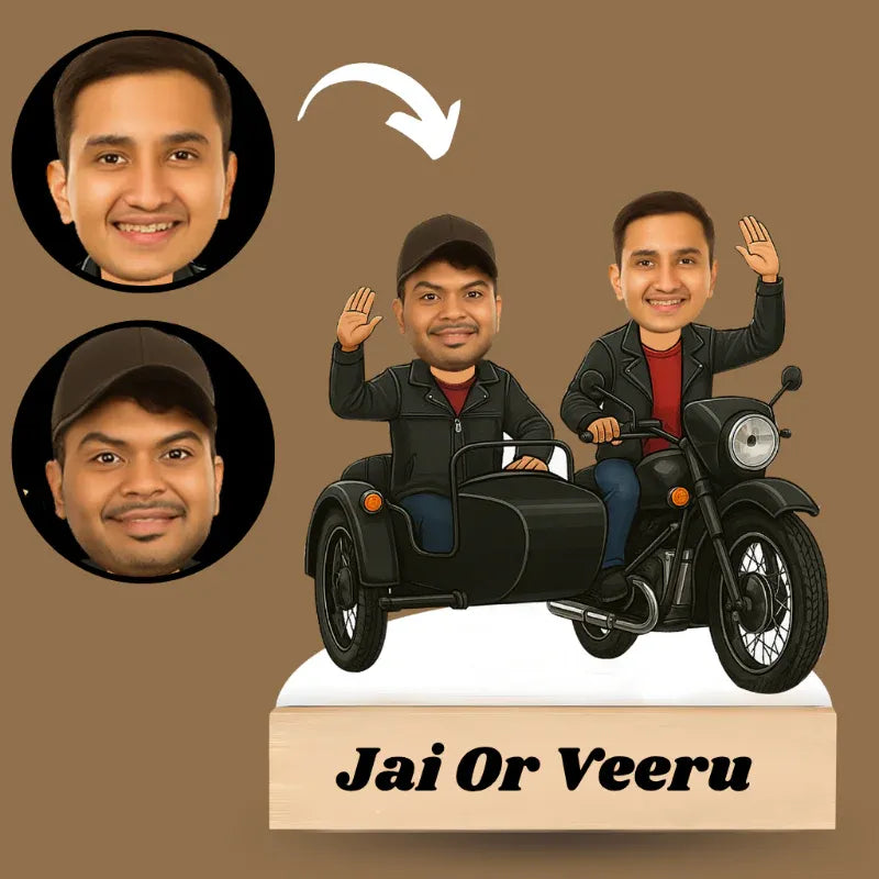 Motorcycle with sidecar featuring two people and their faces above on a brown background.