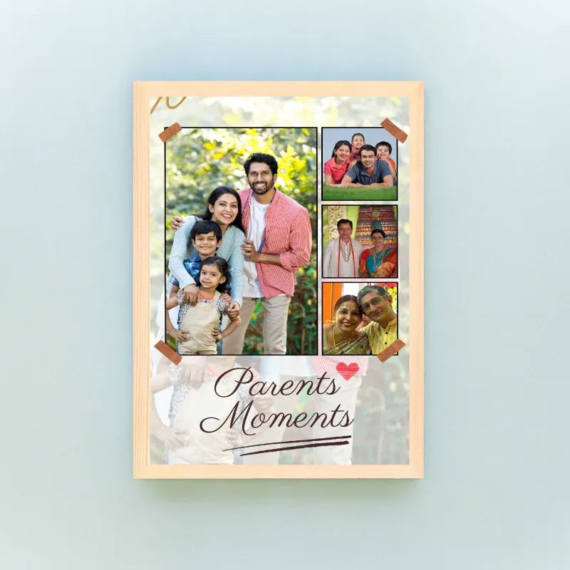Collage of family photos in a wooden frame with 'Parents Moments' text on a light blue background