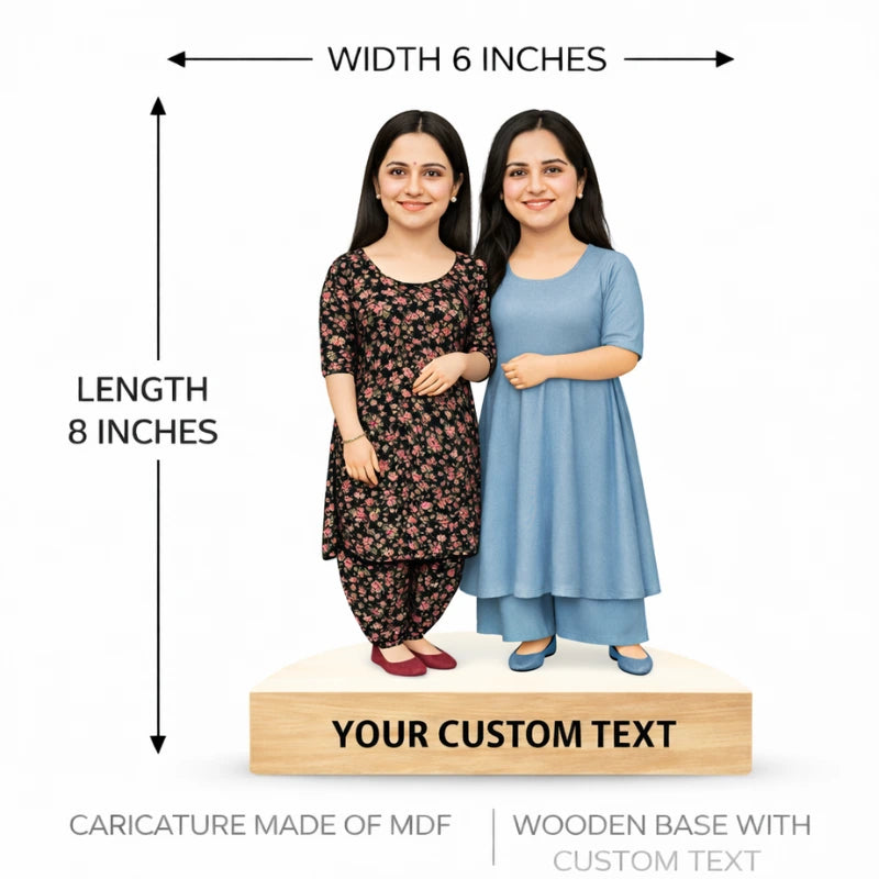 Two bestfriend women in dresses with measurements and text on a white background